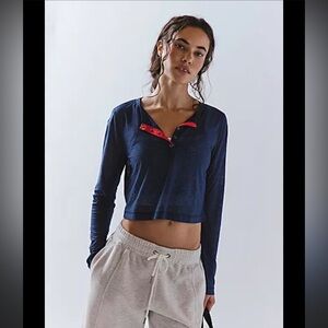 Free People movement Navy Cropped Long-Sleeve Henley with Red Trim